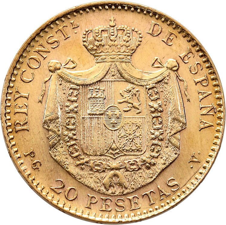 Hiszpania 20 Pesetas 1887 - PG V nowe bicie (1962 r.) st.1